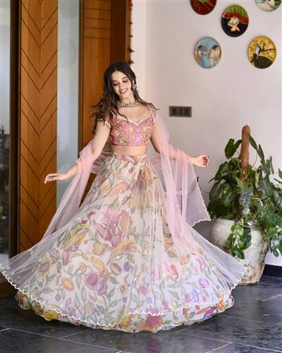 Light Pink Lehenga Choli and Dupatta With Sequence Embroidery and Print