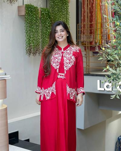 Red Color Chinnon Silk Fully Stitched Party Wear Dhoti Suit With Koti