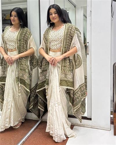 White Banglory Silk Embroidey Work Blouse With Chinon Silk Dhoti
