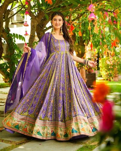 Royal Purple Digital Printed Anarkali Gown with Dupatta