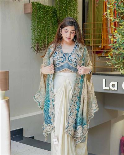 Off White Cowl Skirt Rama Blouse and Shrug With Embroidery Western Look Outfit
