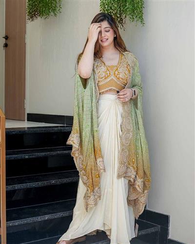 Off White Cowl Skirt Mustard Blouse and Shrug With Embroidery Western Look Outfit