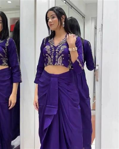 Purple Embroidery Sequins Work Blouse With Chinon Silk Dhoti