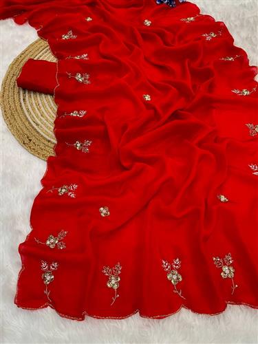 Graceful red saree with intricate premium handwork for a rich, elegant look