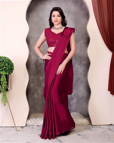 Magenta Pre Draped Ready to Wear Saree With Heavy Sequence Blouse
