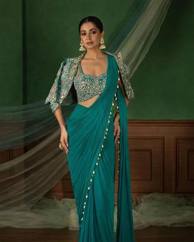 Ready to Wear Saree With Heavy Embroidery Jacket Pre Draped Saree