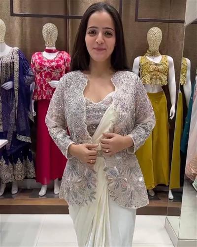 White  Ready to Wear Saree With Heavy Embroidery Jacket Pre Draped Saree