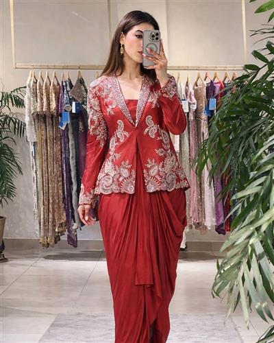 Drape Skirt Blouse and Jacket With Embroidery Indo Western Outfit