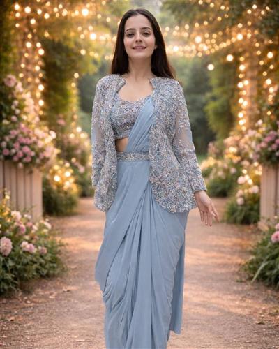 Sky Ready to Wear Saree With Heavy Embroidery Jacket Pre Draped Saree