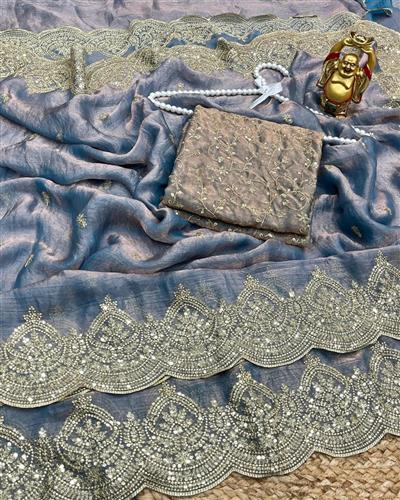HEAVY SOFT FANDY CHIFFON SILK FABRIC ON HEAVY EMBROIDERY C-PALLU ZARI & SEQUENCES WORK WITH CUT WORK
