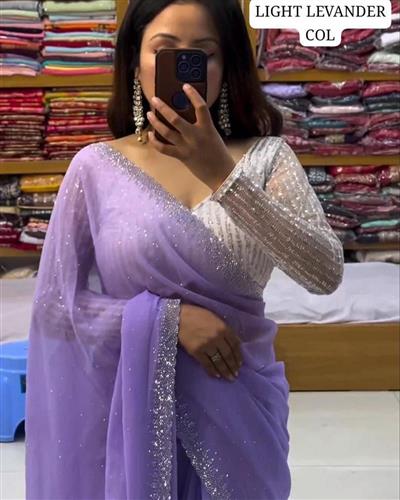 HEAVY GEORGETTE FABRIC ON BEAUTIFUL ALL OVER SIROSKI WORK WITH BACK SUPPORT LACE WITH CUT WORK ON SA