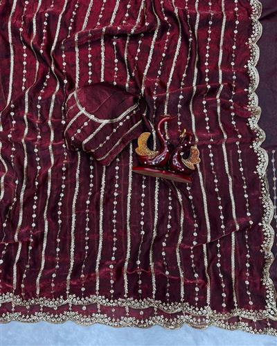 HEAVY SOFT FANDY SATIN SILK FABRIC ON HEAVY EMBROIDERY ZARI & SEQUENCES AND  CUT WORK BORDER IN SARE