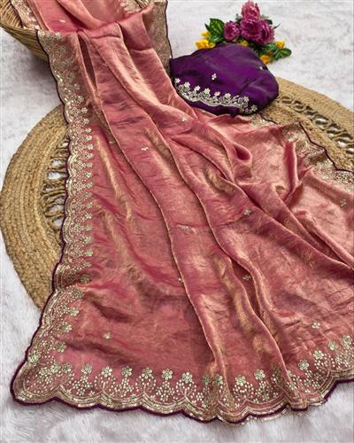 HEAVY SOFT FANDY SATIN SILK FABRIC ON HEAVY EMBROIDERY ZARI & SEQUENCES AND  CUT WORK BORDER IN SARE