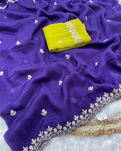 SOFT CRUNCHI SILK FABRIC ON HEAVY EMBROIDERY ZARI WORK SAREE