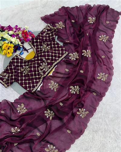 OFT FANDY SATTIN SILK FABRIC ON BEAUTIFUL HAND WORK WITH CUT WORK AARKO BORDER IN SAREE