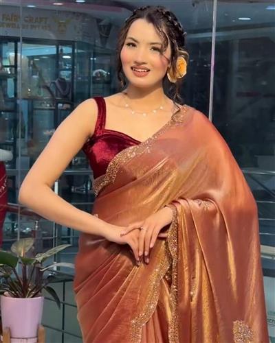 HEAVY SOFT FANDY SATTIN SILK FABRIC ON BEAUTIFUL SIROSKI WORK ALL OVER IN SAREE