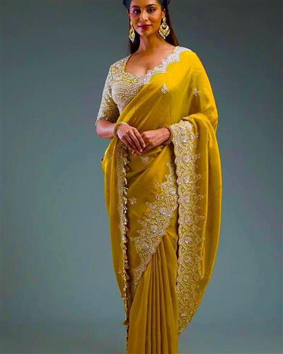 HEAVY PREMIUM SOFT GOLD CRUSH SILK FABRIC ON BEAUTIFUL C-PALLU EMBROIDERY ZARI, SEQUENCES AND CODING