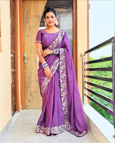 HEAVY SOFT CRUSH SILK FABRIC ON EMBRODIERY C-PALLU MULTI THREAD AND SEQUENCE WORK WITH CUT WORK BORD