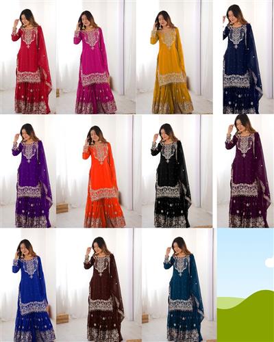 Premium Faux Georgette Heavy Embroidery Sharara Suit 26