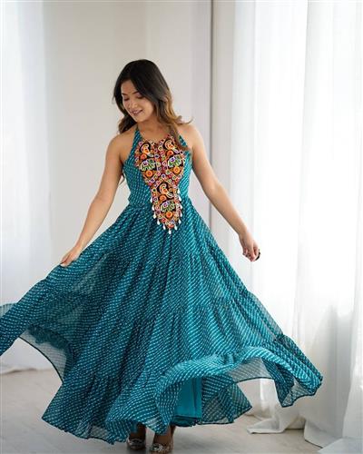 Teal Blue Georgette Gown with Gamthi Embroidery and Mirror Work Navratri Special  43