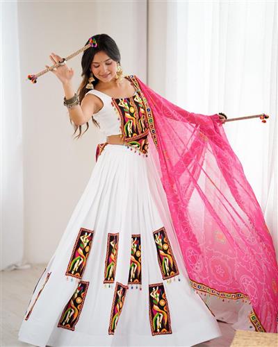 Fabulous White Gamthi Work Rayon Navratri Wear Lehenga Choli  42