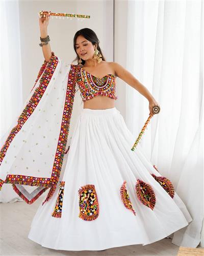 Fabulous White Gamthi Work Rayon Navratri Wear Lehenga Choli  45