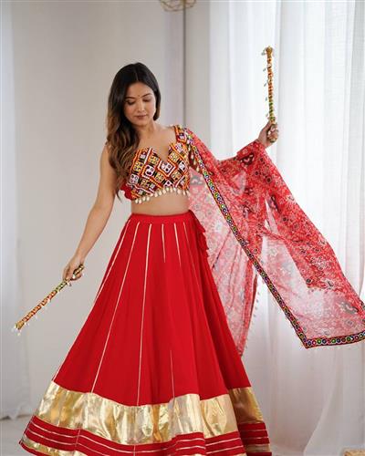 Red Rayon Navratri Lehenga With Gamthi And Mirror Work  47