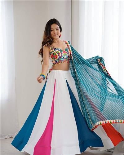 White And Sky Colour Rayon Navratri Lehenga With Gamthi And Mirror Work  48