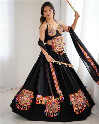 Fabulous Black Gamthi Work Rayon Navratri Wear Lehenga Choli  51