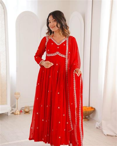 Red Faux Georgette Thread & Sequin Embroidered Anarkali Set with Pant and Dupatta  54