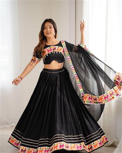 Black Navratri Lehenga Choli with Colorful Embroidered Elephant Border & Dupatta  52