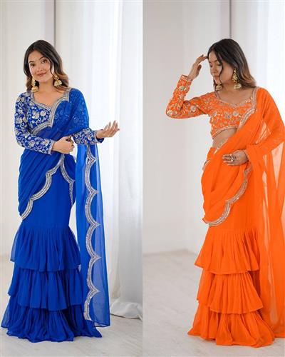 Orange Shade Ruffle Saree with Sequins Work for Women 58