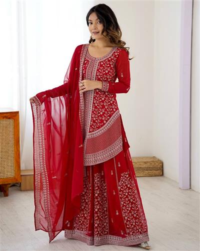 Faux Georgette Embroidered Top with Plazo & Dupatta Set 59