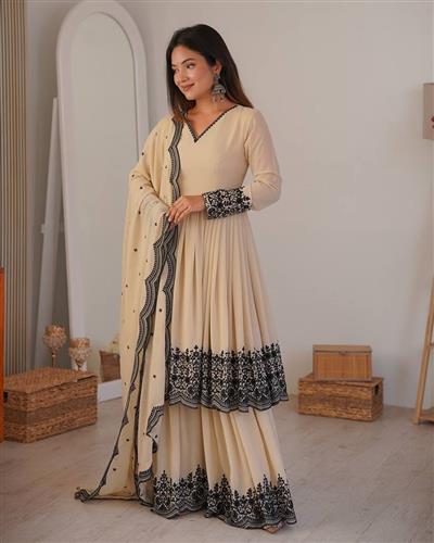 Vanilla Color Faux Georgette Embroidered Palazzo Suit