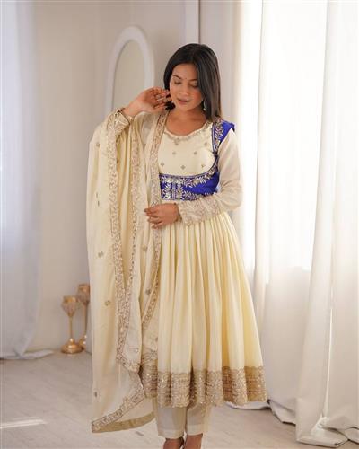 Heavy Chinon Silk  Anarkali With Blue banglory Silk Koti with Pants And Embroidered Dupatta  75