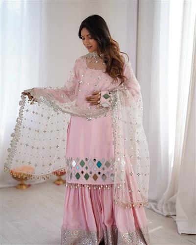 Baby Pink French Crepe Suit Set for Women | Real Mirror Work Party Wear Outfit  76