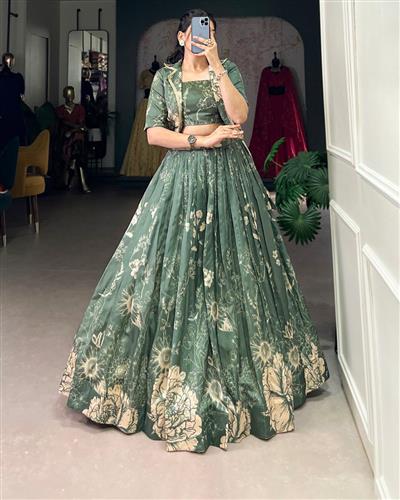 Mesmerizing  Printed Tussar Silk Crop Top Lehenga With Jacket