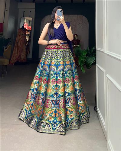 Navy Blue Color Zari Weaving Work Banarasi Silk Lehenga Choli 