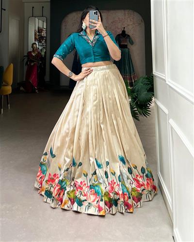 Off White Unfold the Beauty of Tussar Florals – Elegant Floral Print Tussar Silk Lehenga NNK1131OWT 